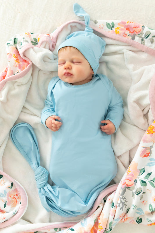 Light Blue Newborn Baby Knotted Gown & Knotted Hat Set