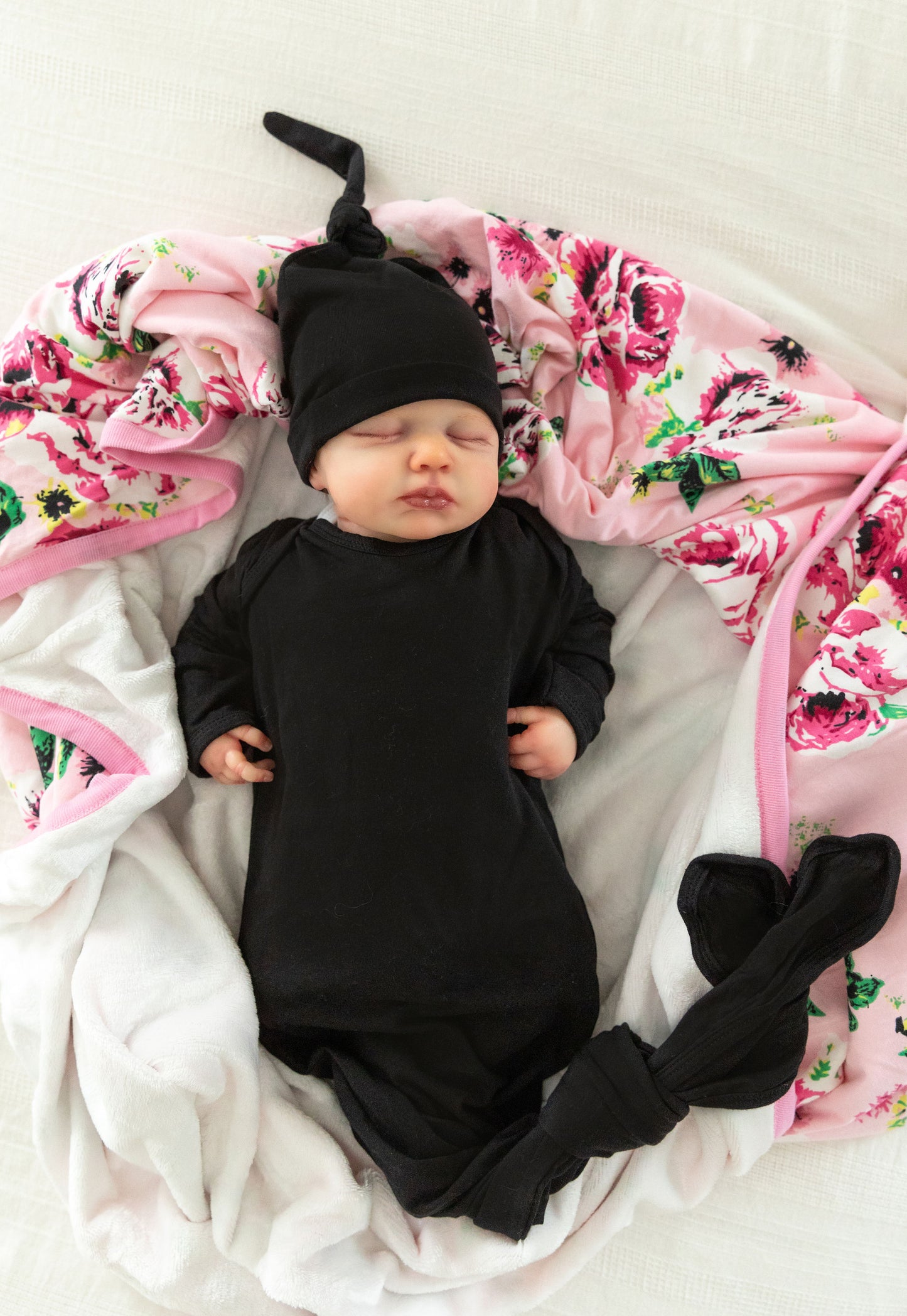 Solid Black Newborn Baby Knotted Gown & Knotted Hat Set