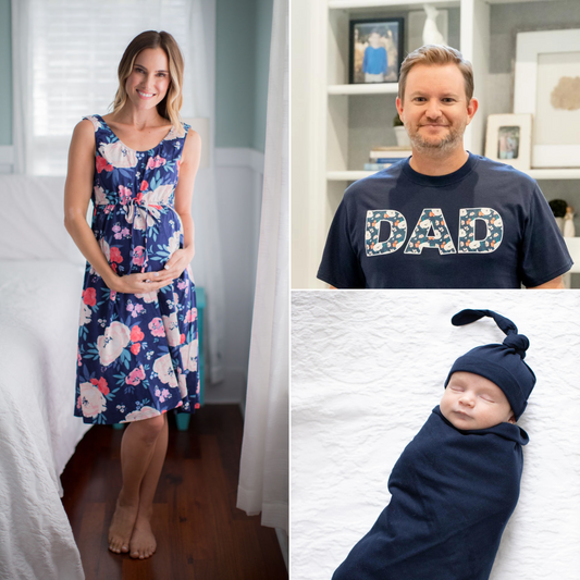 Annabelle Labor Delivery Gown & Matching Navy Blue Swaddle Set & Dad T-Shirt