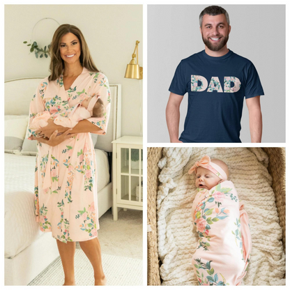 Nina Pregnancy/Postpartum Robe & Swaddle Set & Dad T-Shirt in Navy