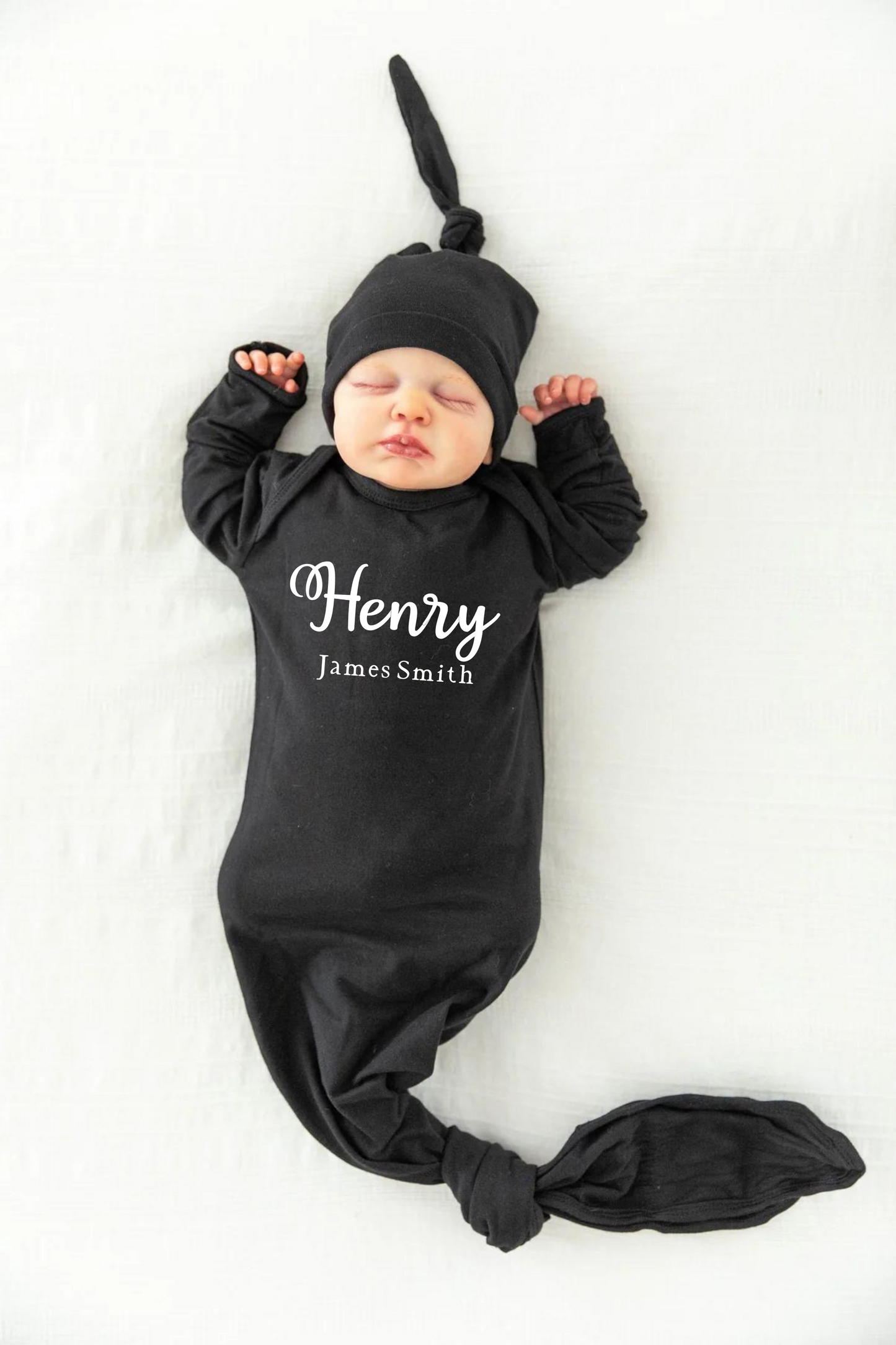 Personalized Solid Black Newborn Baby Knotted Gown & Knotted Hat Set