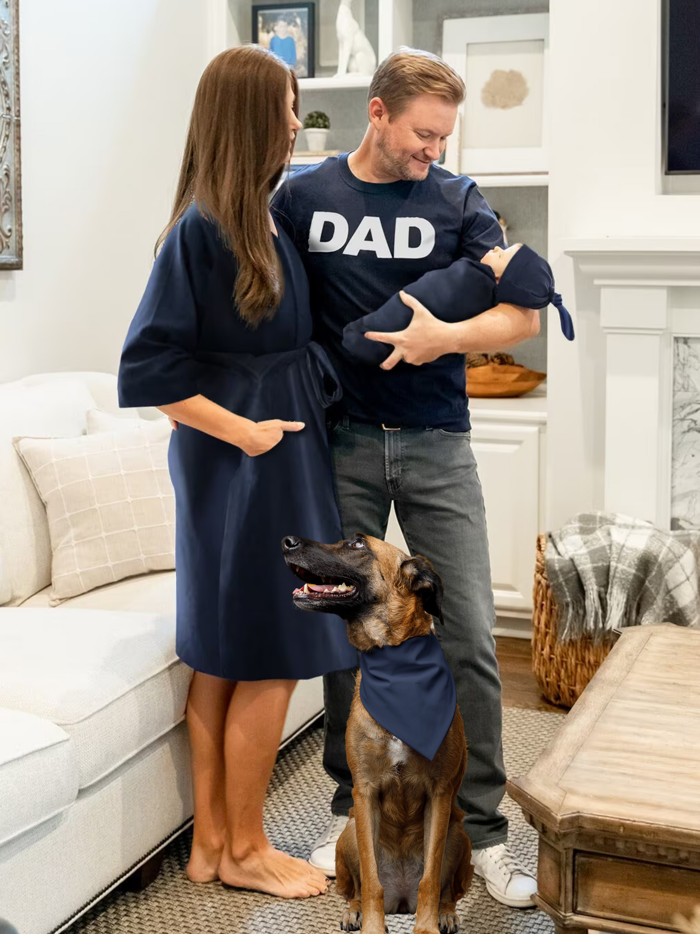 Navy Robe & Newborn Swaddle Blanket Set & Dad T-Shirt & Pet Bandana