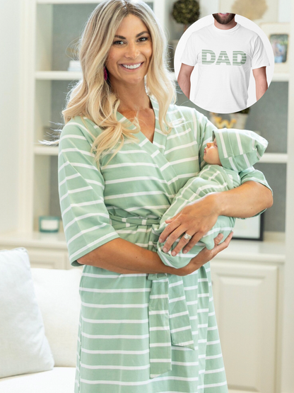 Sage Stripe Robe & Baby Boy or Girl Swaddle Set & Dad T-Shirt