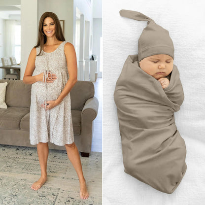 Brooklyn 3 in 1 Labor Gown & Taupe Newborn Swaddle Blanket Set