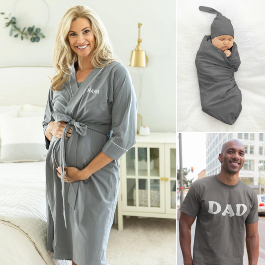 Charcoal MAMA Embroidered Robe & Newborn Swaddle Blanket Set & Dad T-Shirt