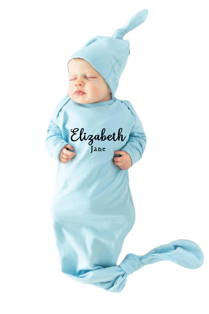 Personalized Light Blue Newborn Baby Knotted Gown & Knotted Hat Set
