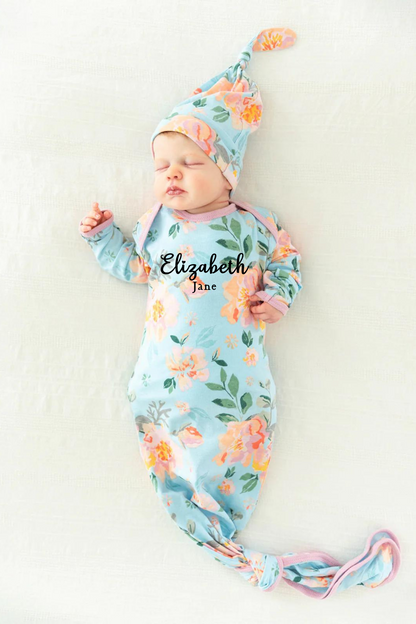 Personalized Jade Newborn Baby Knotted Gown & Knotted Hat Set