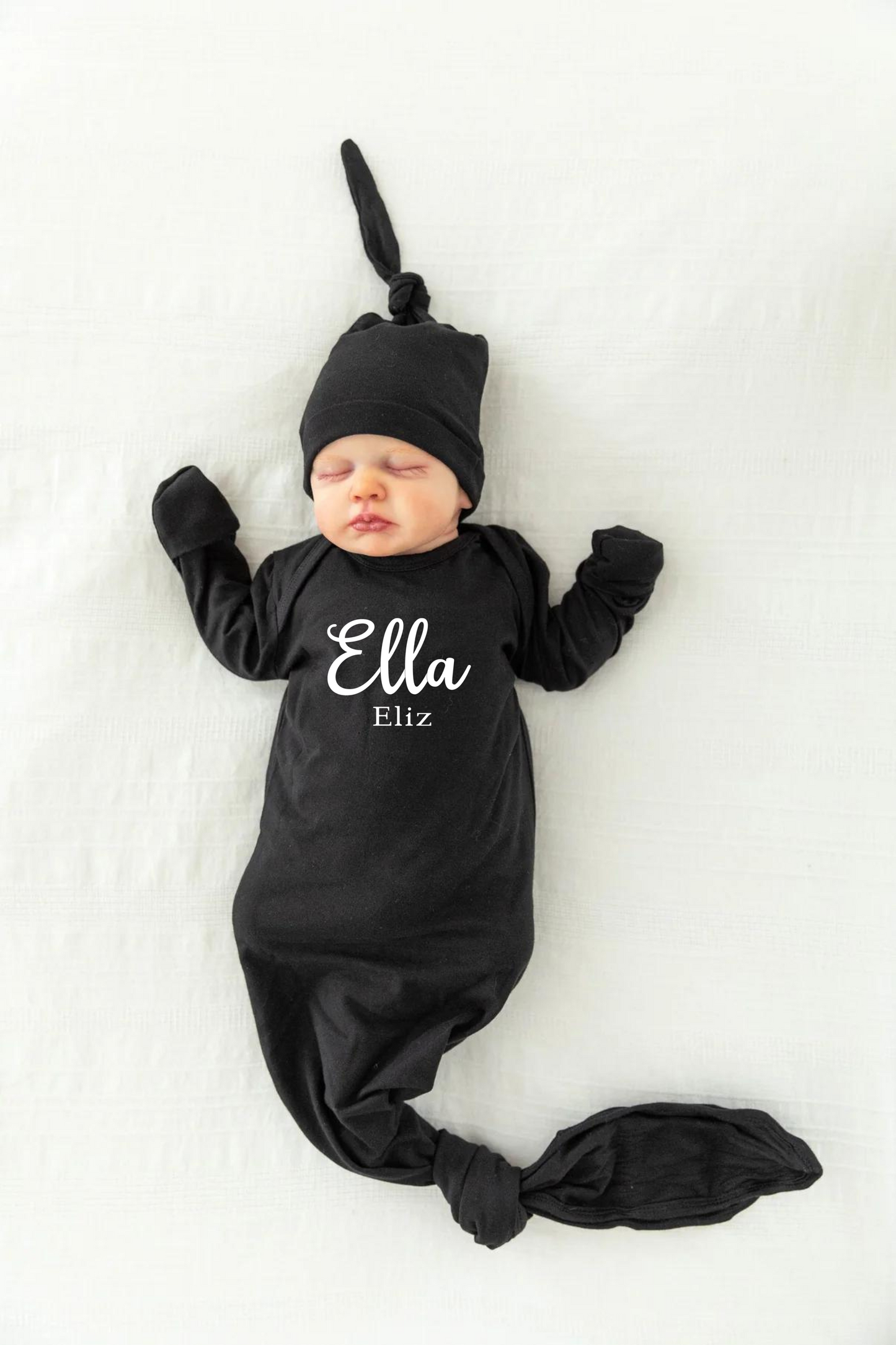 Personalized Solid Black Newborn Baby Knotted Gown & Knotted Hat Set