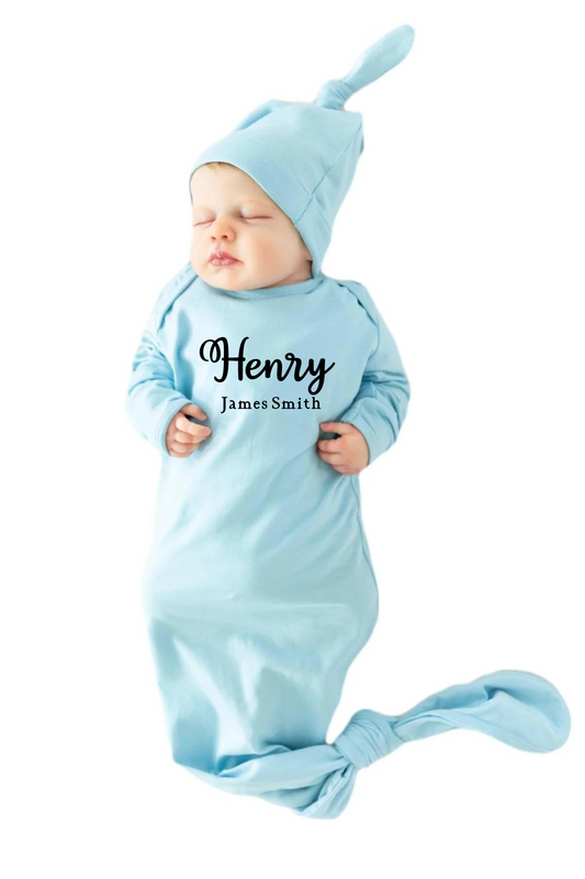Personalized Light Blue Newborn Baby Knotted Gown & Knotted Hat Set