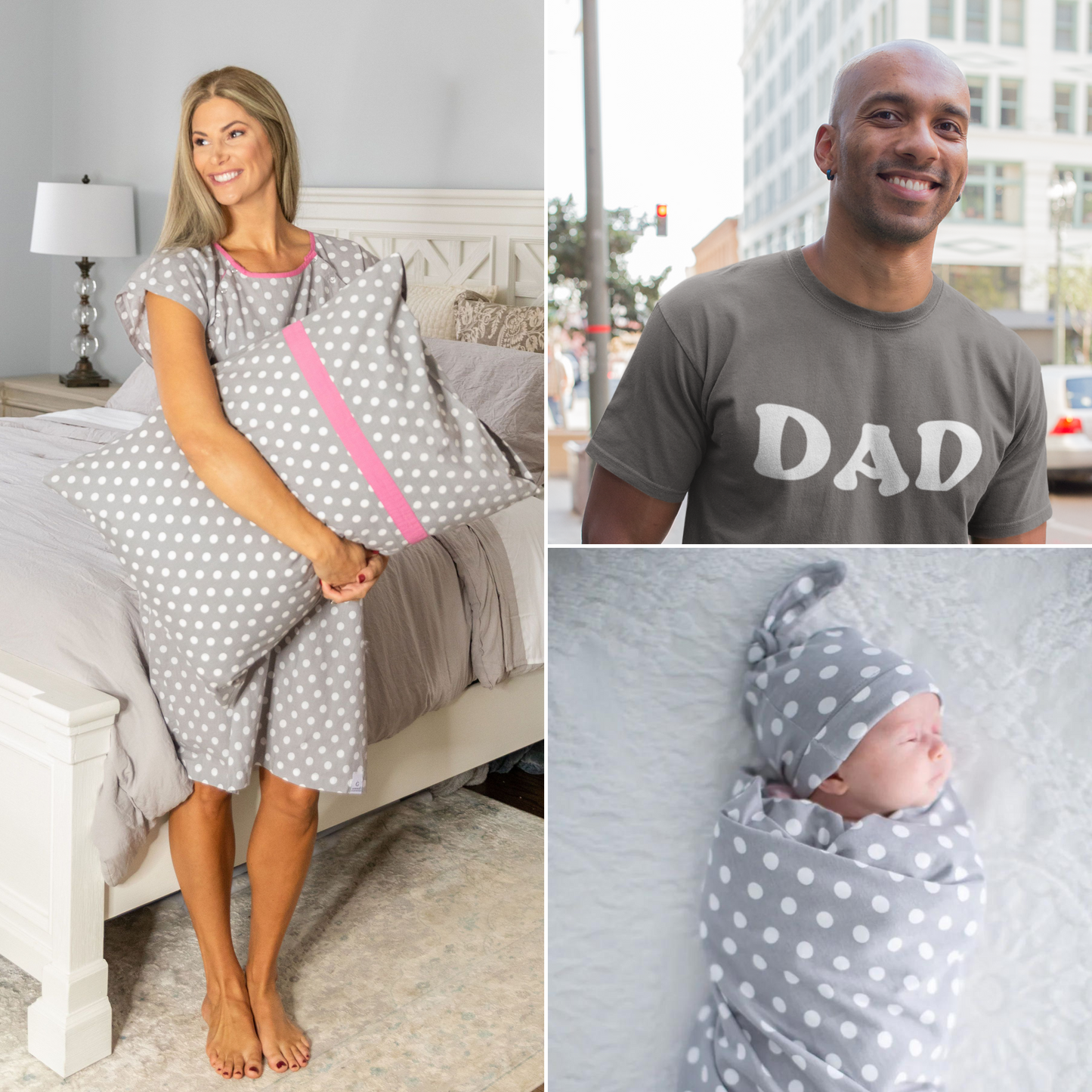 Lisa Gownie & Pillowcase Set & Charcoal Dad T-Shirt & Newborn Swaddle & Hat Set