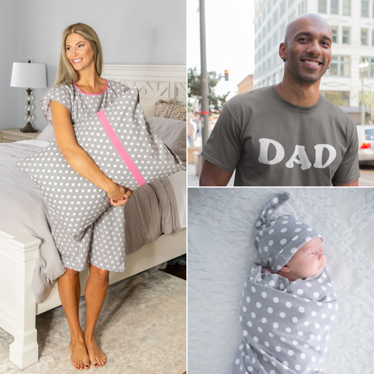 Lisa Gownie & Hospital Pillowcase & Charcoal Dad T-Shirt & Matching Newborn Swaddle and Hat Set