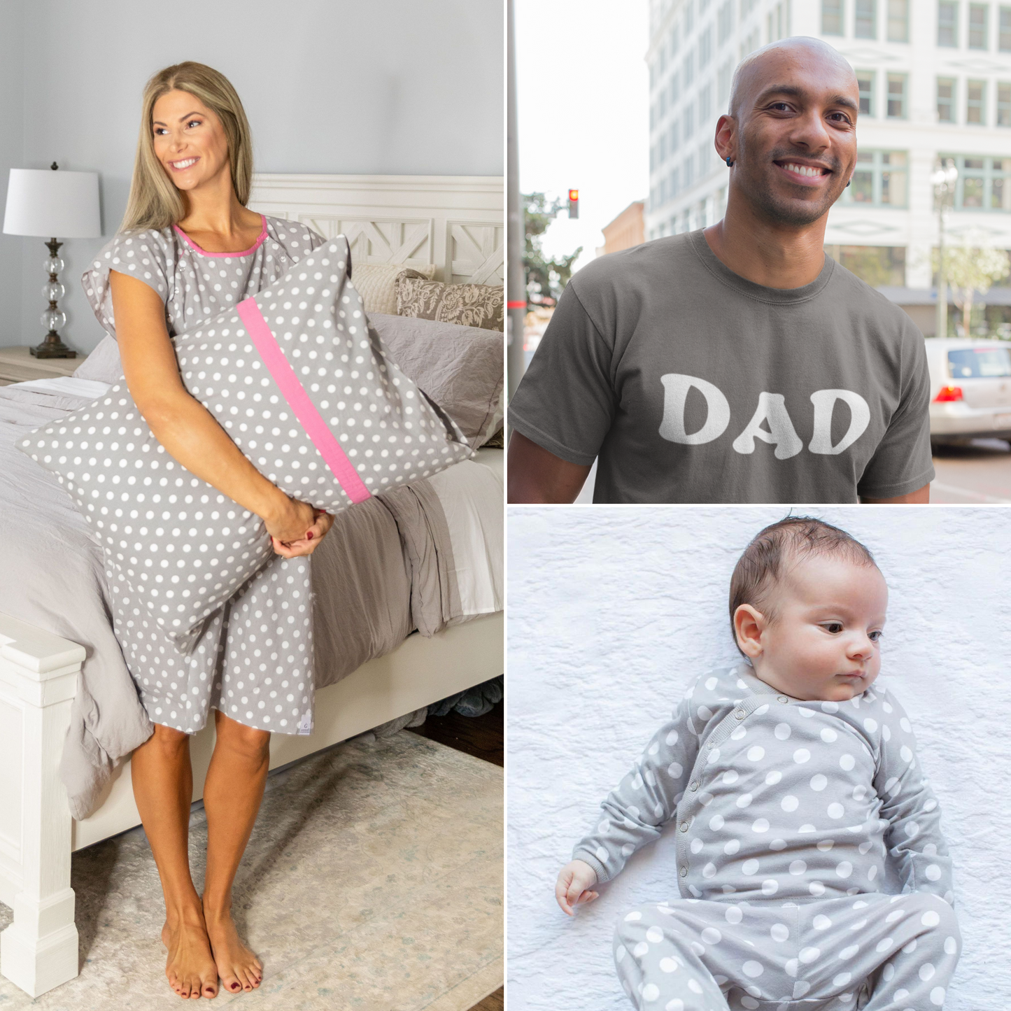 Lisa Gownie & Pillowcase Set & Charcoal Dad T-Shirt & Newborn Kimono Set