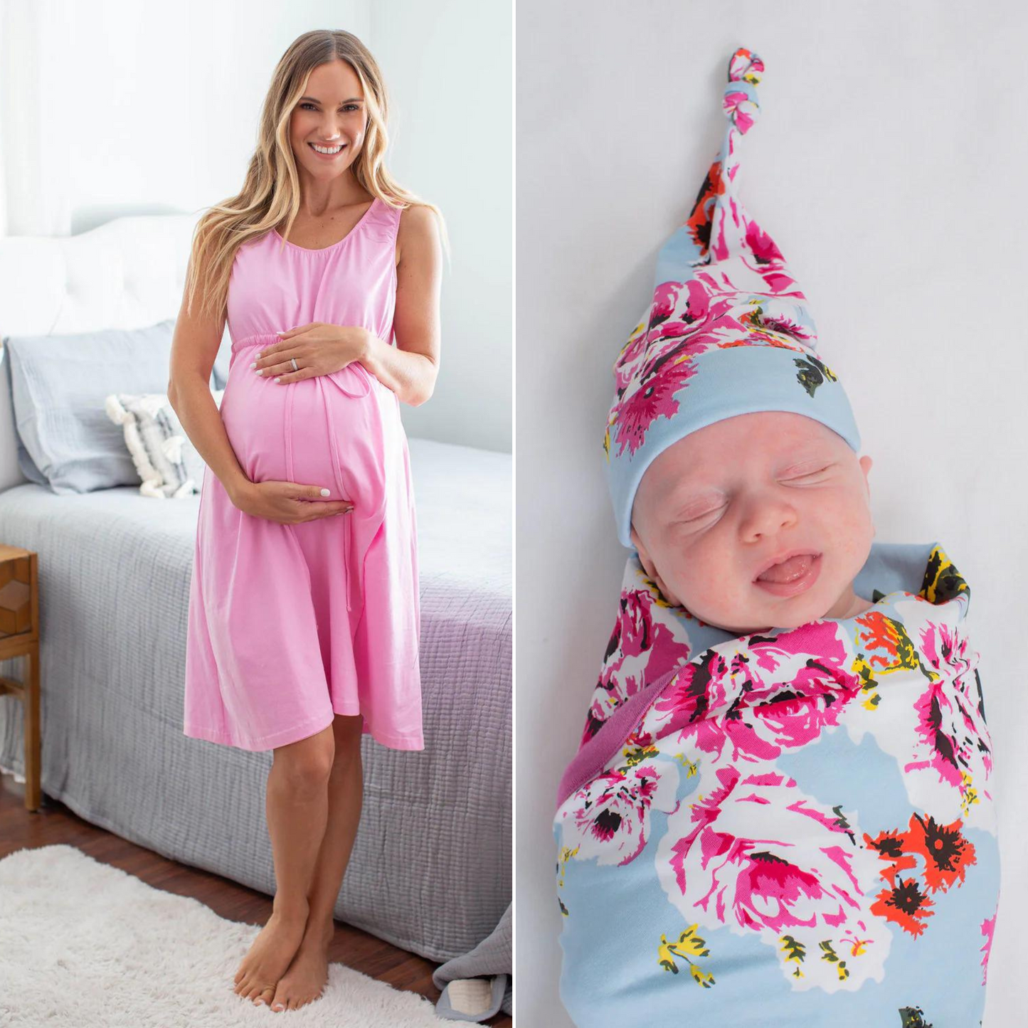 Pink 3 in 1 Labor Gown & Isla Newborn Swaddle Blanket Set