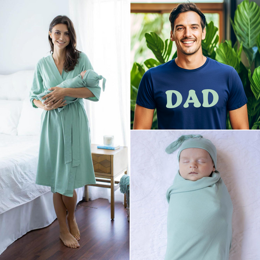 Sage Robe & Newborn Swaddle Blanket Set & Navy Dad T-Shirt with Sage Text