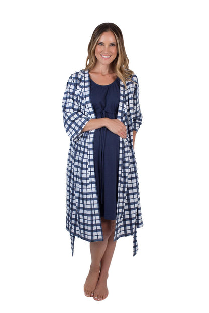 Blue Gingham Robe & Navy 3 in 1 Labor Gown Set