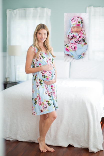 Isla Floral 3 in 1 Labor Gown & Matching Newborn Gown Set