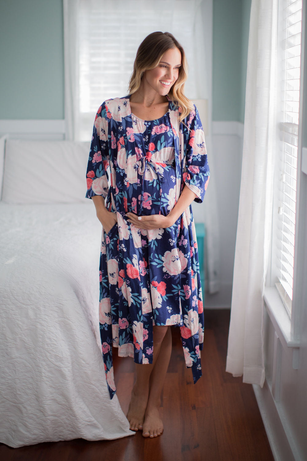Labor & Delivery Hospital Gown with Matching Robe, floral & feminine yet functional. Snaps down back for modesty & off Shoulder for skin to skin contact or breastfeeding. Best Selling bring your own gown to hospital