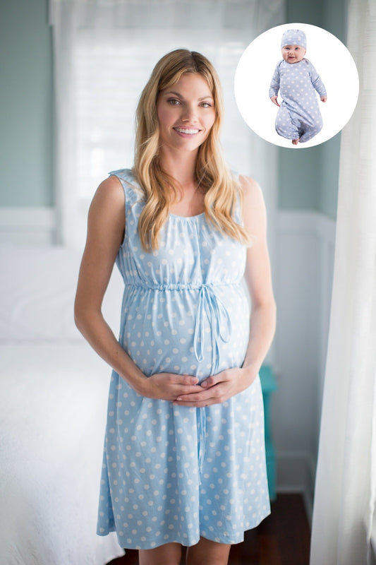 nursing dress for breastfeeding, epidural access, polka dots