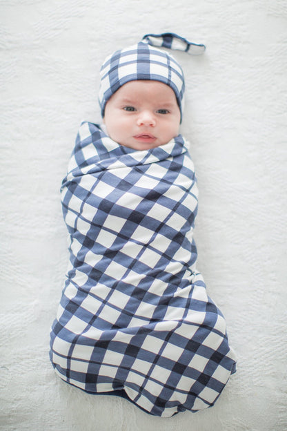 Navy Robe & Blue Gingham Newborn Swaddle Blanket Set