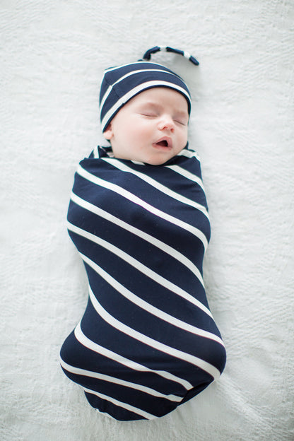 Navy Striped Swaddle Blanket & Newborn Hat Set