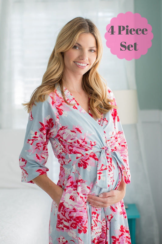 Mae Maternity Nursing Nightgown, Pregnancy/Postpartum Robe & Baby Receiving Gown Set
