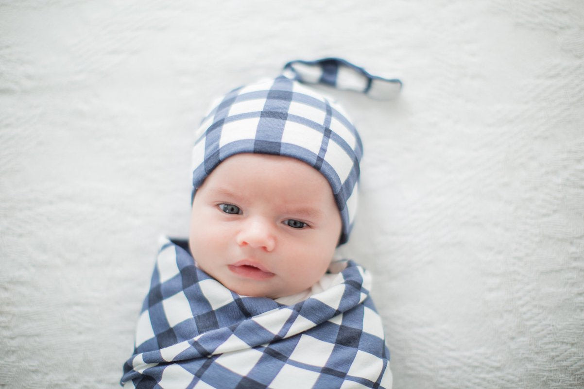 Navy Robe & Blue Gingham Newborn Swaddle Blanket Set