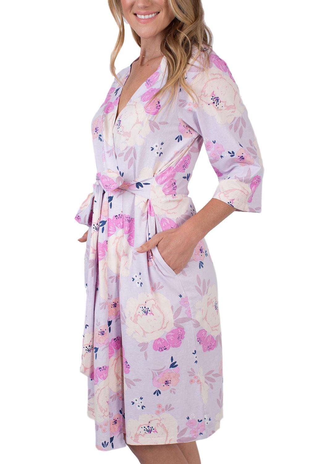 Anais mom robe with belt tie and 95% spandex/5% cotton robe. Match with daughter and baby in a gorgeous flowered print.