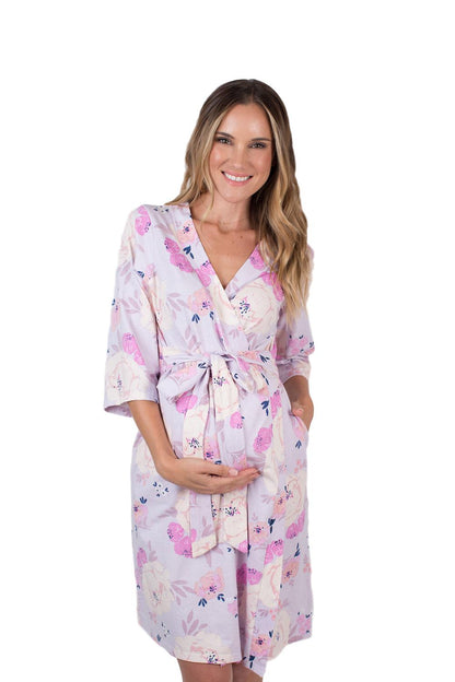 Anais purple and pink printed robe. Match with daughter for spa day with mom. Anais is a dainty, purple and pink flowered print.