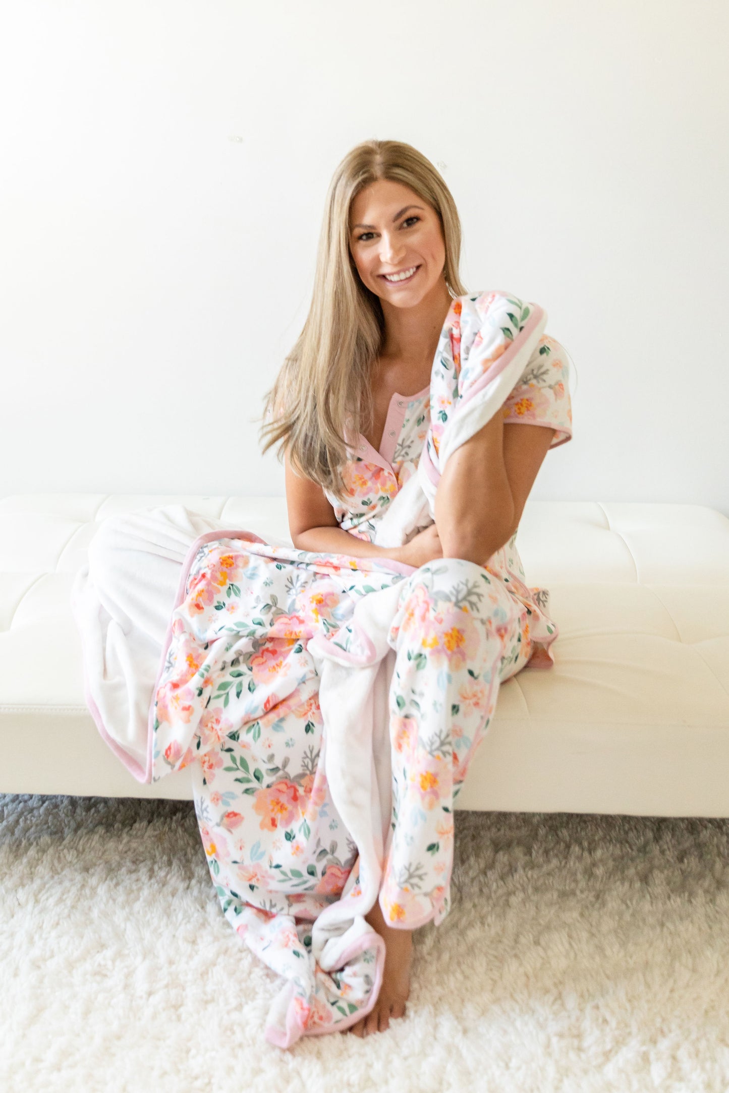 Match your blanket with your pajamas. Featuring the Mila print at babybeminematernity. Adorable maternity photoshoot. Ready to ship. Get your hospital bag ready with coordinating outfits, swaddles, and adult size minky blanket. Choose your print and get lounging.