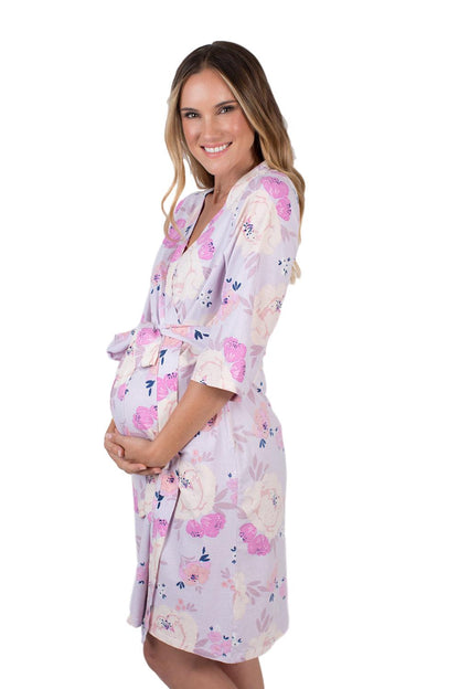 Anais purple printed robe for perfect bump photos and labor and delivery. Make your maternity photoshoot complete with matching garments.