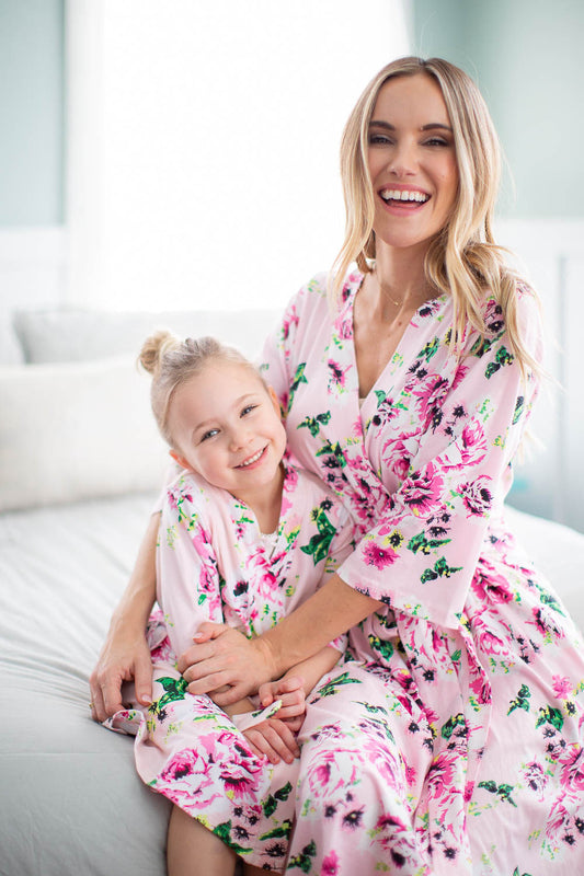 Cute and fun matching pink floral Amelia robes for little girl and mom