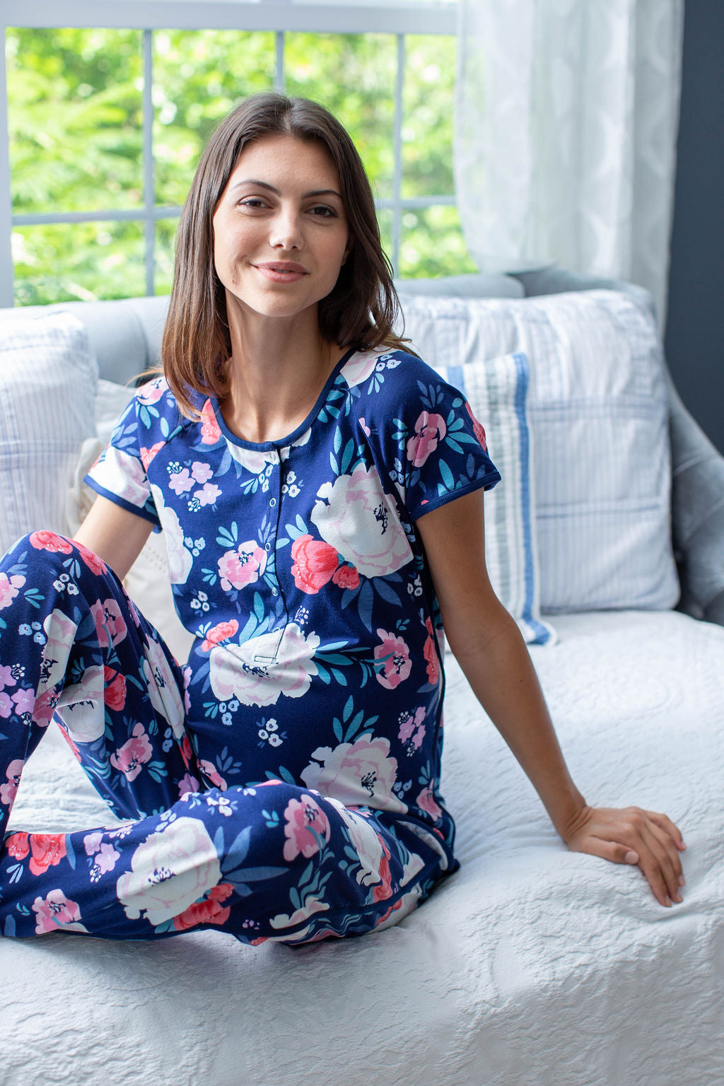 Annabelle printed maternity pajamas for mom. Elastic waistline, snap enclosures on shirt for breastfeeding, and a stylish dolphin hem.