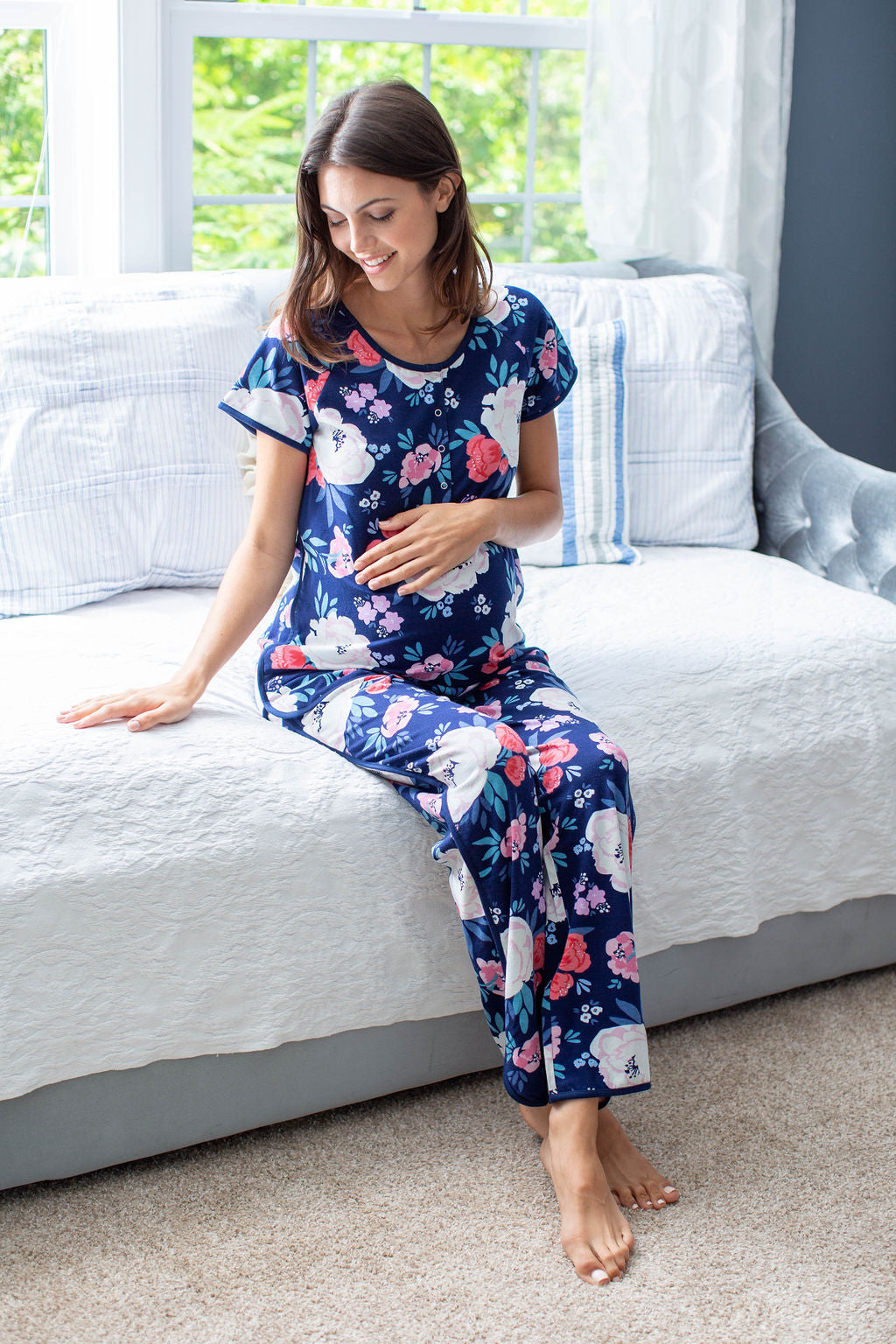 Annabelle printed maternity pajamas. Cream, red, pink, and light blue flowers against a beautiful navy background. A perfect print for baby girl or baby boy.