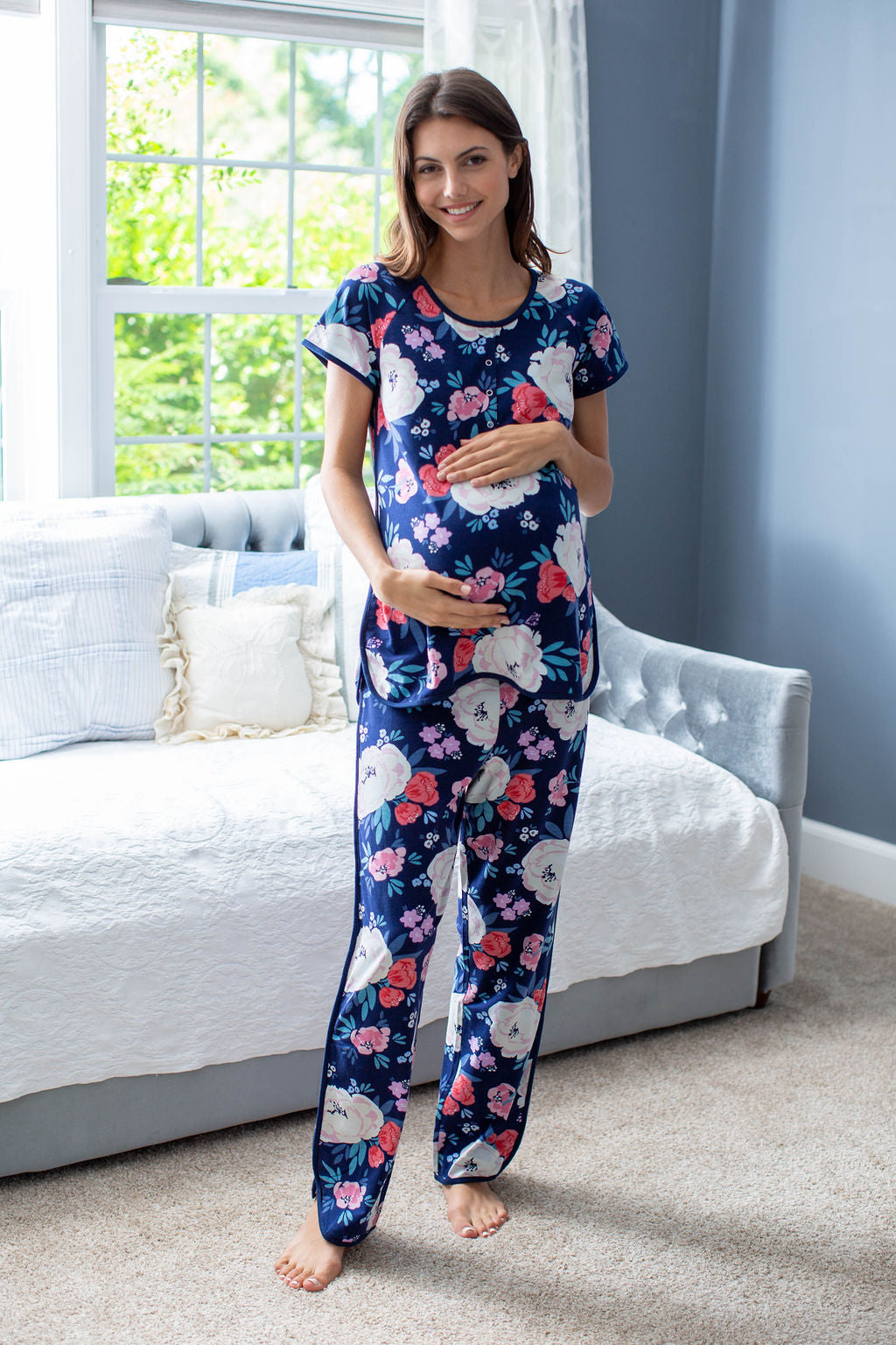 Pick your print! Annabelle is a lovely cream and rose flowered print against a deep, blue background. Maternity and postpartum pajamas for mom to match with the entire family. Shop by print to find a piece for each family member!