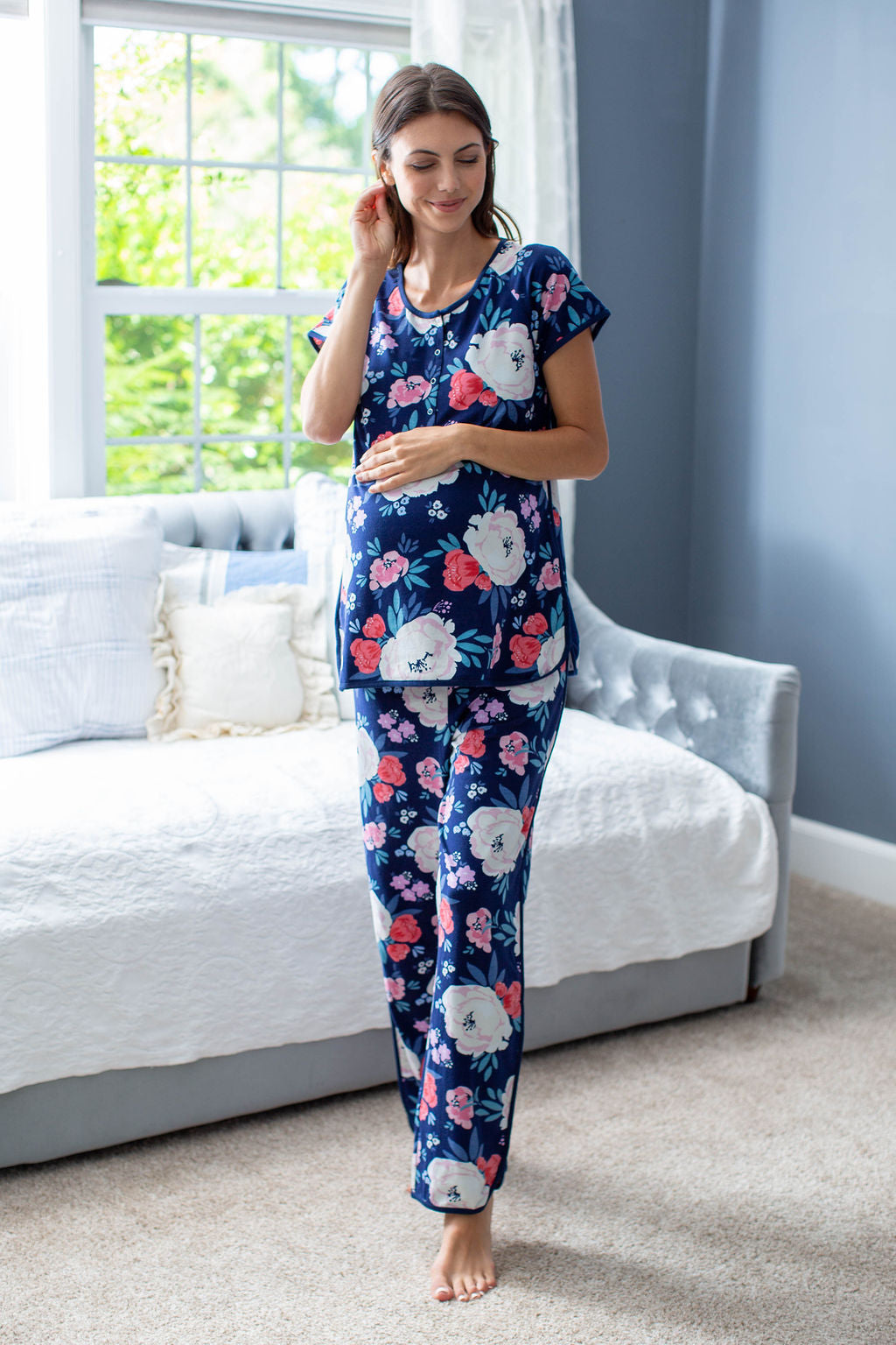 Annabelle printed mommy PJs for easy breastfeeding, postpartum care, and house loungewear. Pick your print at the "Shop by Print" tab.
