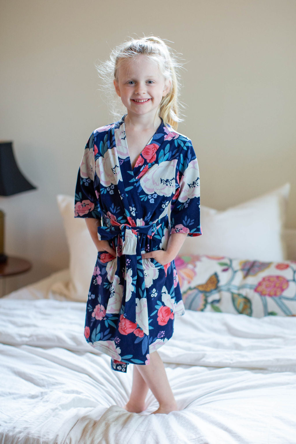 Annabelle print girl's robe, knee length, available in six sizes for big sister.