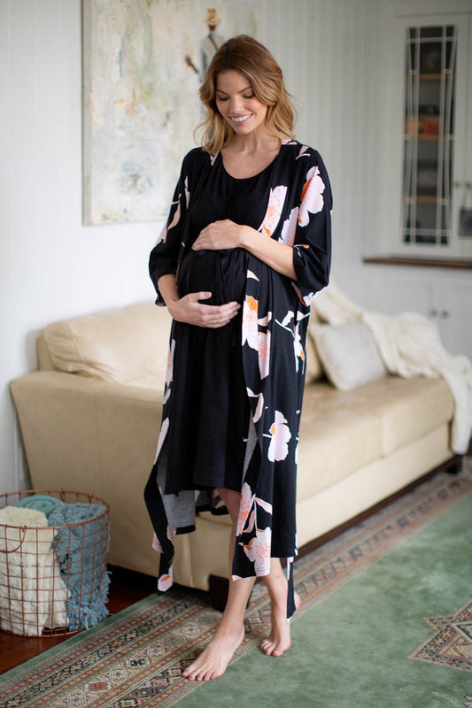Simply Black 3 in 1 Labor Gown & Willow Floral Pregnancy/Postpartum Robe Set
