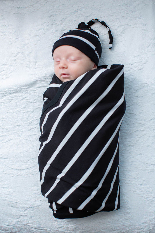 Black Striped Swaddle Blanket & Newborn Hat Set