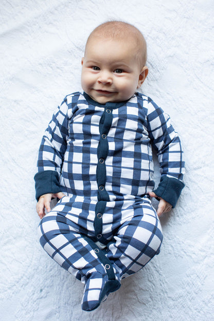 Blue Gingham One Piece Footed Baby Romper