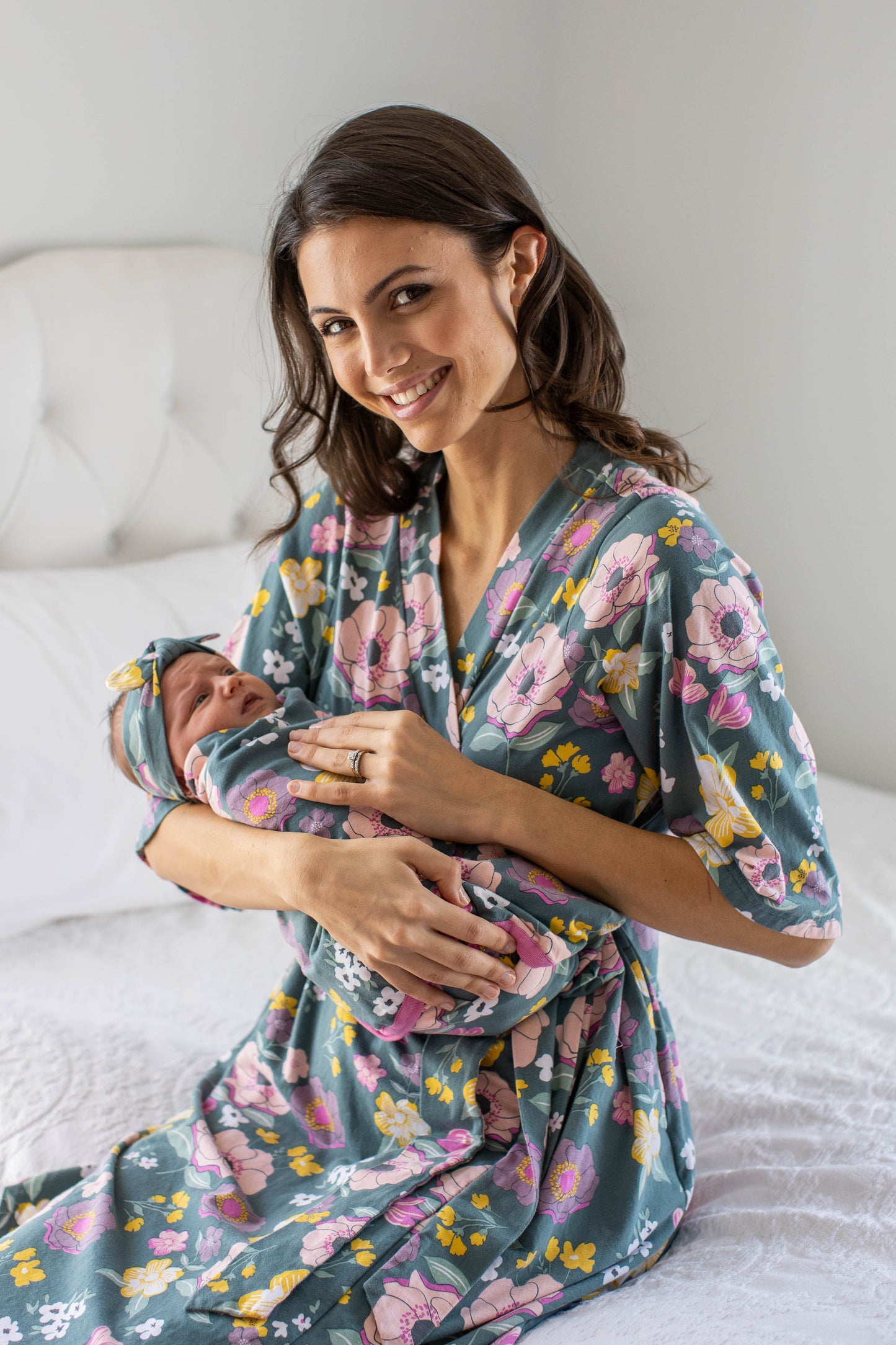 Charlotte Mommy Robe & Daughter PJ & Newborn Swaddle Blanket Set