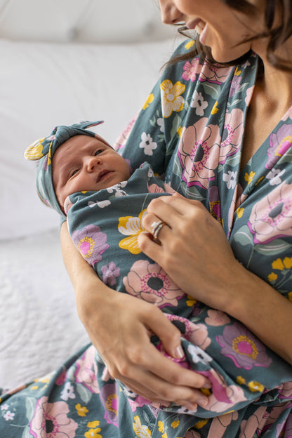 Charlotte Mommy Robe & Daughter PJ & Newborn Swaddle Blanket Set