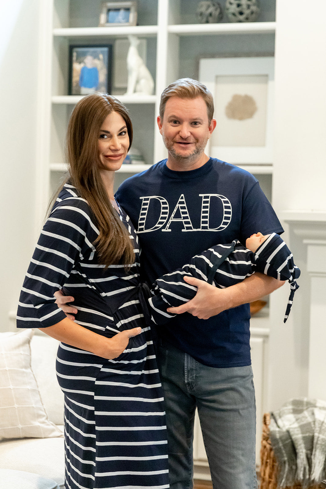 Navy Stripe Pregnancy/Postpartum Robe & Swaddle Set & Dad T-Shirt