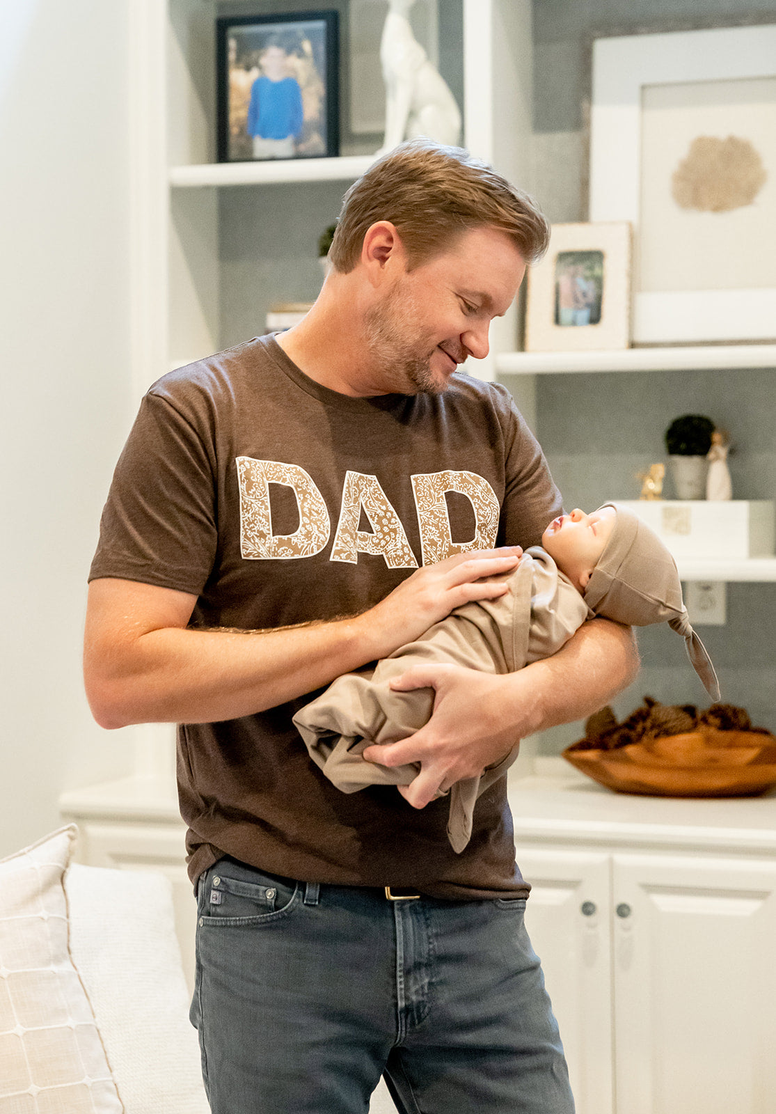 Brooklyn Robe & Taupe Swaddle Set & Dad T-Shirt