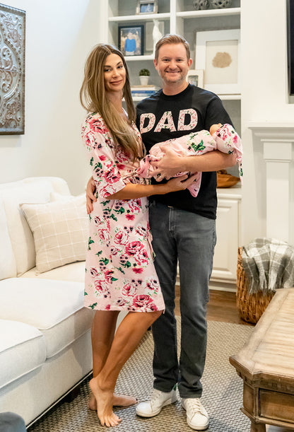 Amelia Robe & Newborn Swaddle Blanket Set & Dad T-Shirt