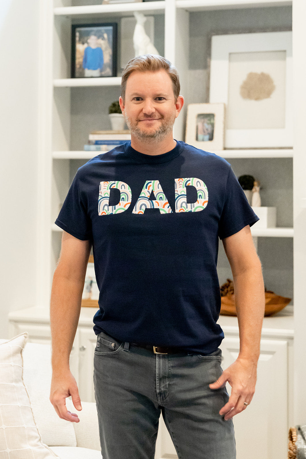 Navy Pregnancy/Postpartum Robe & Rainbow Swaddle Set & Dad T-Shirt