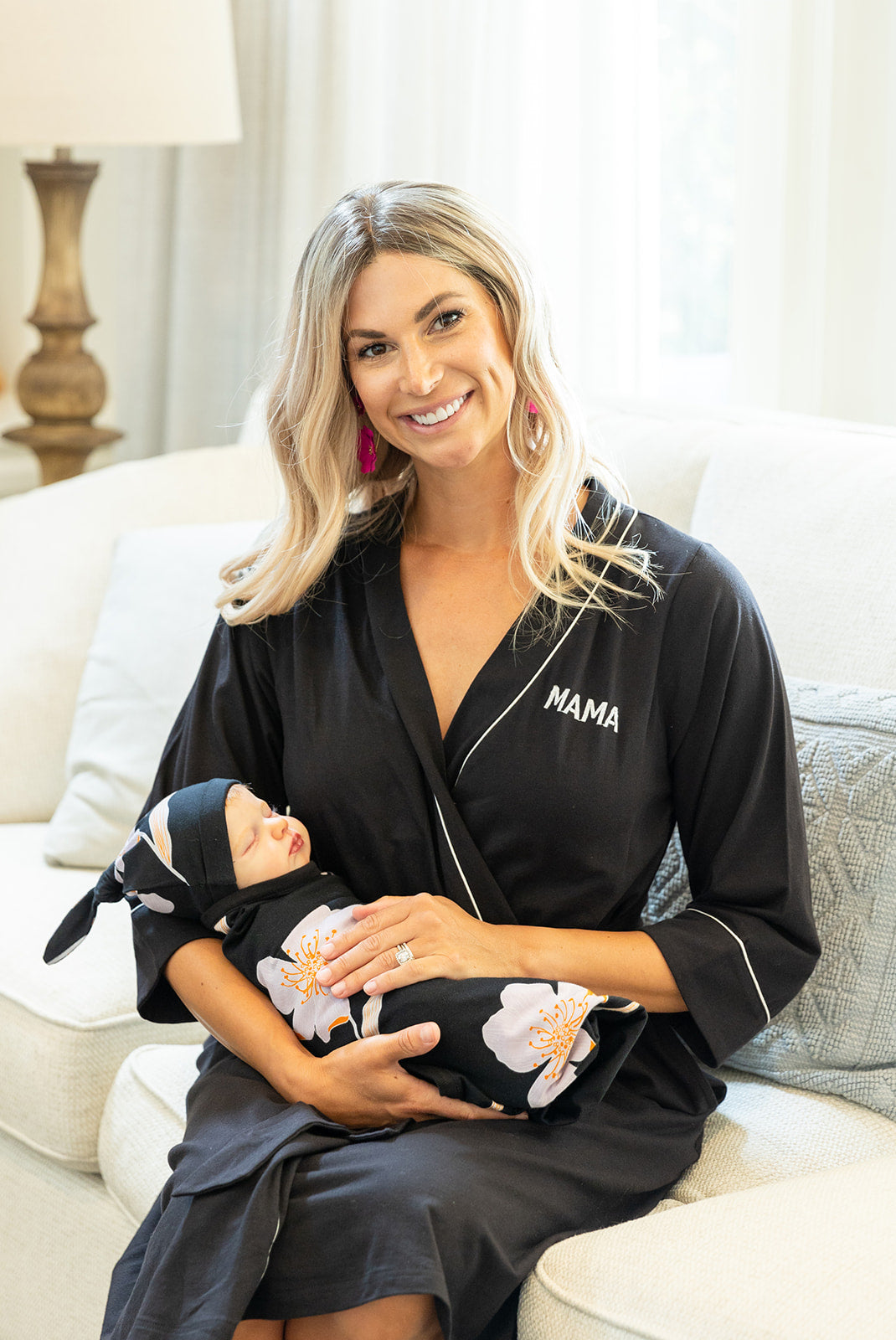 "MAMA" Black Embroidered  Robe & Willow Baby Swaddle Blanket