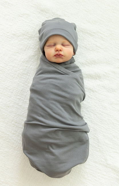 Audrey 3 in 1 Labor Gown & Charcoal Grey Newborn Swaddle Blanket Set