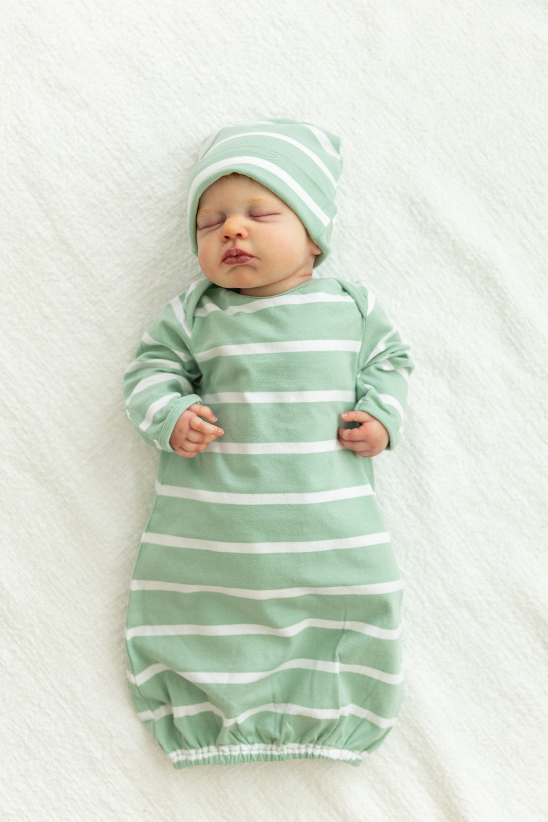 Sage Stripe Newborn Receiving Gown & Hat Set