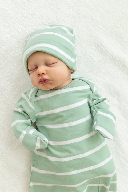 Sage Stripe Newborn Receiving Gown & Hat Set