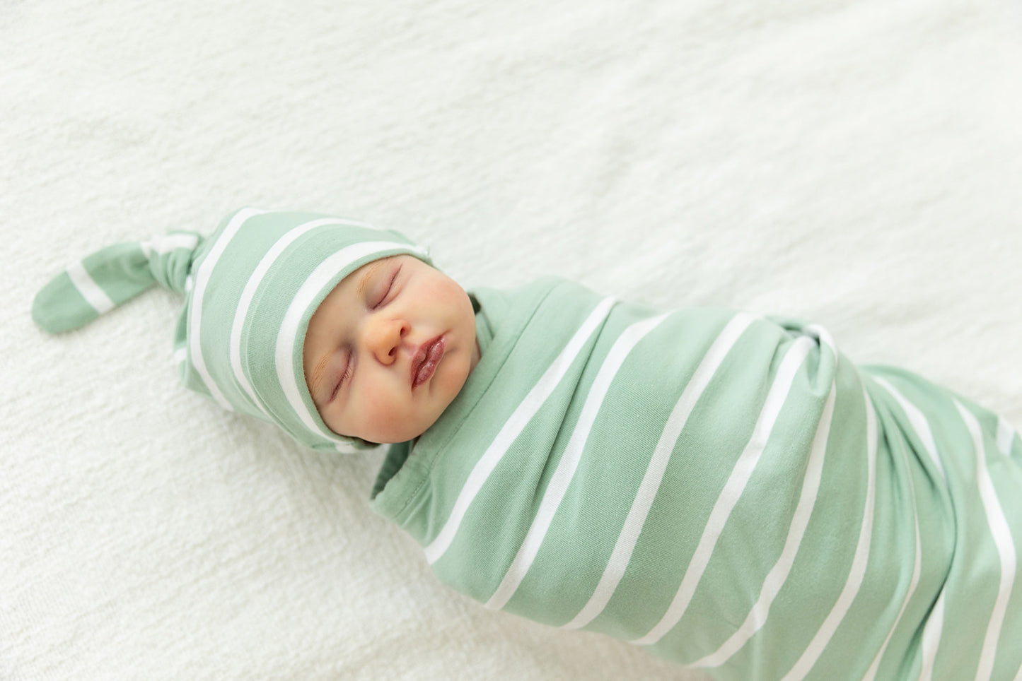 Sage Stripe Baby Swaddle Blanket & Newborn Hat Set
